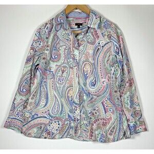 Talbots Shirt Womens Medium Petite Multicolor Paisley Button Down Cotton Blouse